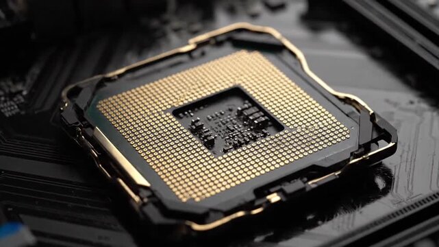 A macro closeup of an electronic motherboard circuit board featuring a hard disk drive and a digital CPU processor chip as key hardware components for data memory storage technologyA macro closeup of 