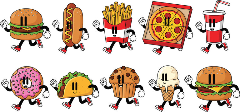Funny fast food characters set with burger, pizza, fries, donut, taco, ice cream and soda walking cartoon style