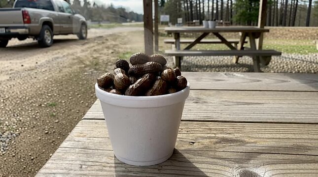 Boiled peanuts in a cup on a wooden table with a truck in the background, outdoor snack food, white cup.