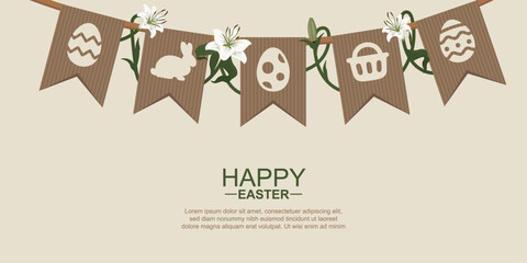 Eco Friendly Easter Banner with Natural Elements. spring icons, and earthy colors, perfect for sustainable holiday branding, greeting cards, and seasonal design. Eco easter concept.Vector illustration