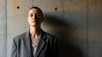 Young woman in gray blazer standing against concrete wall