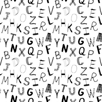 Seamless pattern with black ink hand drawn letters, alphabet. Vector illustration on transparent background.