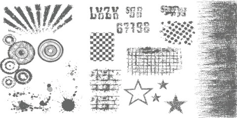 A collection of various grunge graphic design elements including sunbursts and ink splatters