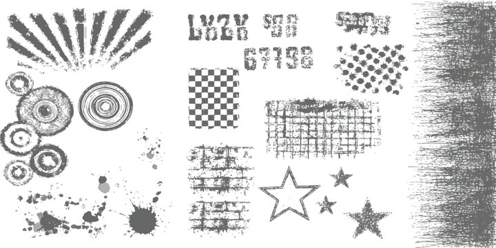 A collection of various grunge graphic design elements including sunbursts and ink splatters