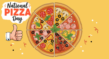 Attractive banner design featuring pizza and a thumbs-up for National Pizza Day, ideal for promotional materials and marketing campaigns