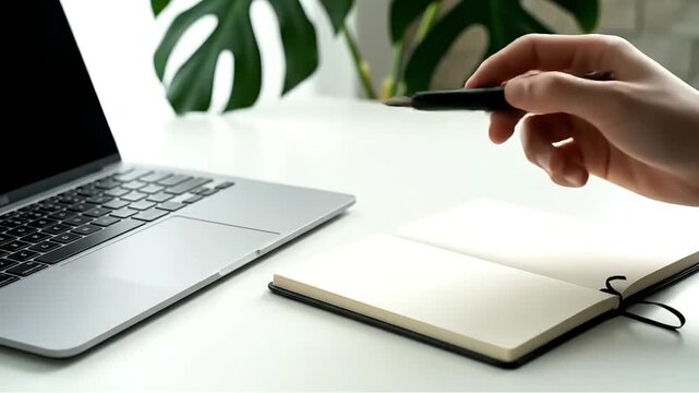 Modern workspace setup featuring a laptop notebook and fountain pen on a white desk with lush green foliage in the background perfect for freelance work
