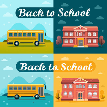 Back to school themed illustration featuring a school bus and building