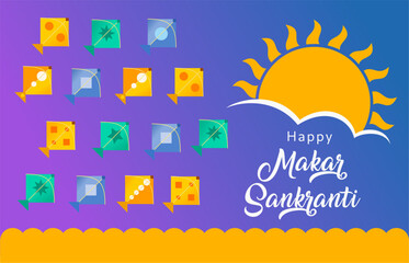 Makar Sankranti Festival Icon Set with Colorful Kites, Sun and Clouds on Gradient Background &ndash; Traditional Indian Kite Flying Celebration Illustration