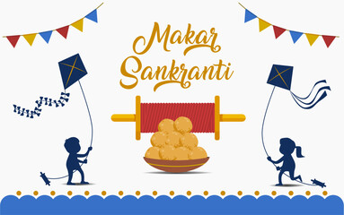 Makar Sankranti Kite Festival Illustration with Silhouette of Two Boys Flying Kites, Festive Bunting, Kite String Spool and Traditional Sweets