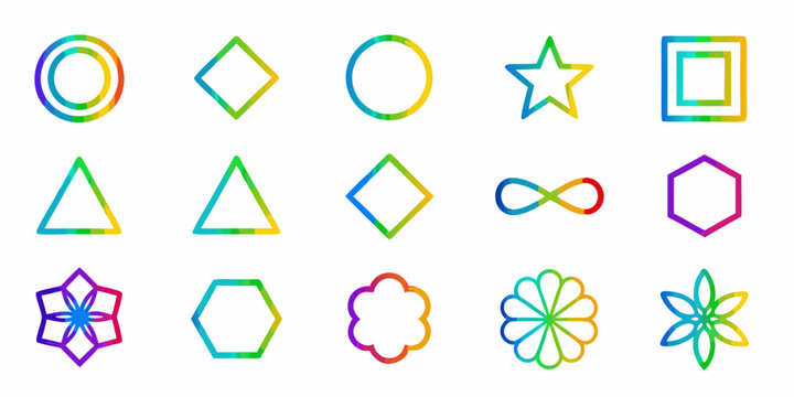 Colorful geometric shapes arranged in a grid on a white background