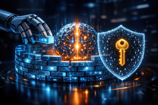 Futuristic robotic hand assembling glowing data brick wall around illuminated digital brain with binary code shield and golden key symbolizing AI data security and sovereignty in enterprise innovation