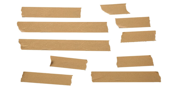 A collection of various torn pieces of brown tape isolated on a clean white background