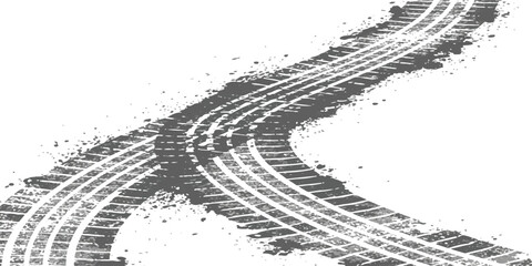 Obraz premium Gritty tire tracks with dirt splatters on a white background creating an off-road path design element