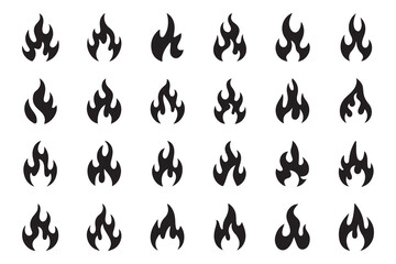 Black fire flame silhouettes collection representing heat energy power and combustion symbols set