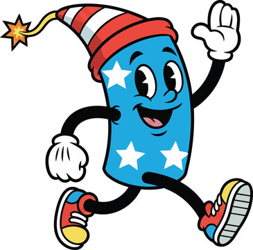 Cute Firecracker Character Running Fourth of July Cartoon Mascot Vector Illustration