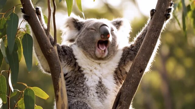 Wild Australian Koala yawning while perched on a eucalyptus tree branch in its natural forest habitat, iconic wildlife animal behavior, sleepy marsupial nature photography.