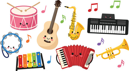 Obraz premium Cute Cartoon Music Instruments Icons Set with Drum, Guitar, Saxophone, Piano, Accordion, Trumpet, Tambourine and Xylophone