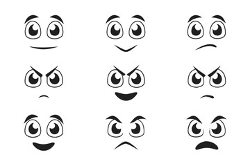 Fototapeta premium Nine cartoon faces show various emotions from happy to angry on a white background