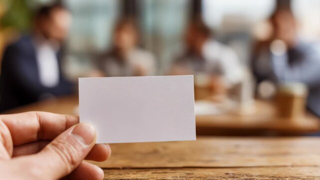 Person hand holding a blank business card template mock up. Ethical business practices. Table with meeting businessman in the office blurred background. Professional networking and communication.
