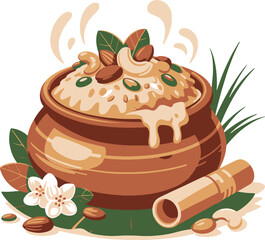 A clay pot filled with sweet rice pudding topped with nuts and fruit