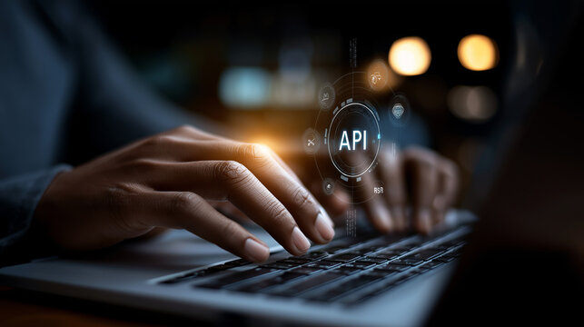 API application programming interface concept defocused programmer typing on laptop interacting with digital icons representing API development security and cloud computing