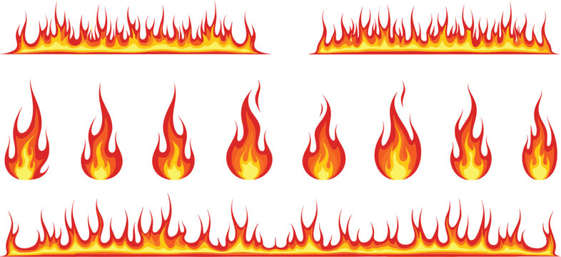 Hand drawn fire flame border and burning icons set with hot blazing elements for danger and heat designs