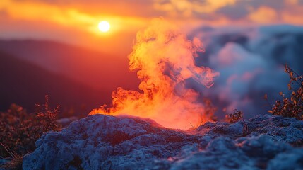 Fiery sunset over rocky outcrop