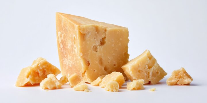 Aged parmesan cheese wedge with crumbles on white background