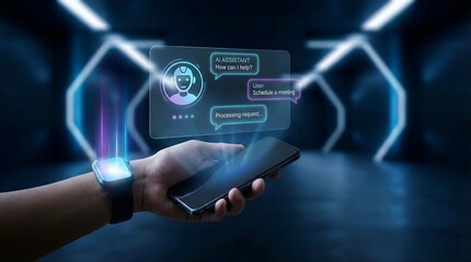 Fototapeta premium Person Interacting with Ai Assistant on Holographic Interface Projected from Smartwatch and Smartphone