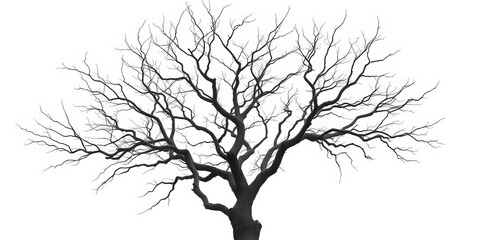 Dead tree, stark branches against pure white background,  monochrome,  abstract