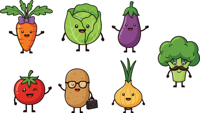 Hand drawn funny vegetable cartoon characters set with carrot, cabbage, eggplant, tomato, potato, onion, and broccoli