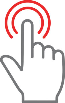 Minimalist outline icon showing a stylized human index finger tapping or touching a screen surface with concentric red notification rings emphasizing the press action
