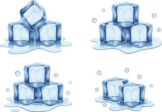 Set of melting ice cubes with water puddles and bubbles isolated on white background, cold refreshment vector illustration