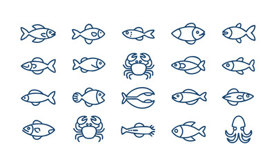 Seafood doodle style outline icons flat vector collection, easily editable. 