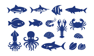 Seafood line art icon set fish and shellfish vector illustration, easily editable. 