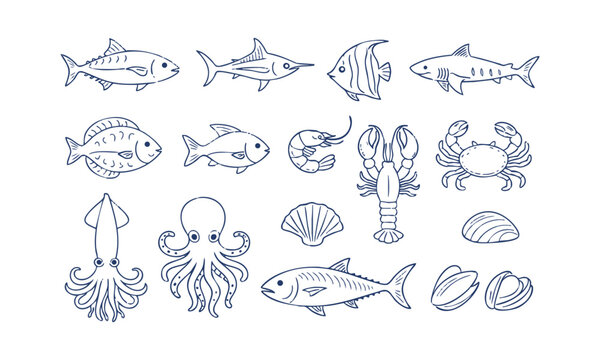 Flat vector seafood outline icons clean line style, easily editable. 
