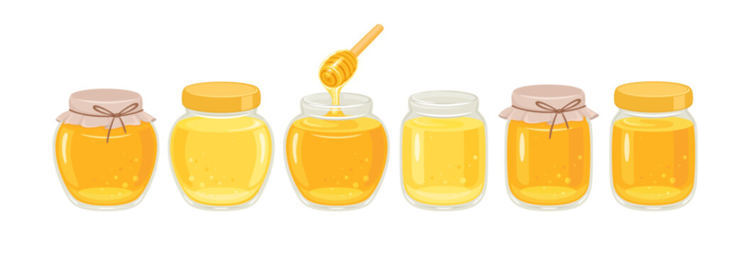 Honey jars set isolated on white background. Vector cartoon flat illustration. Food icon