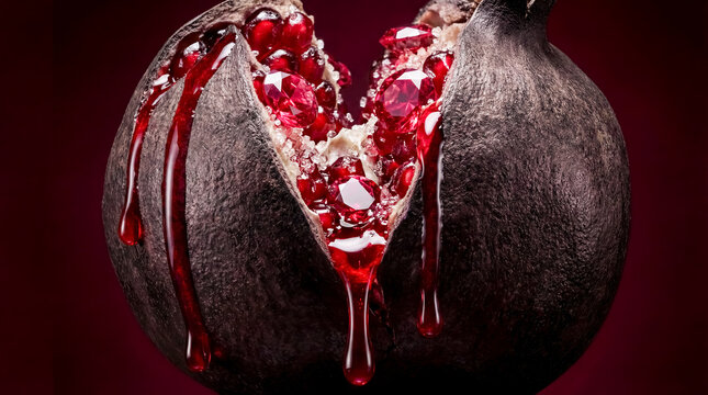 Opened pomegranate with ruby like seeds and sugar crystals macro texture close up red fruit background copy space surreal food photography still life