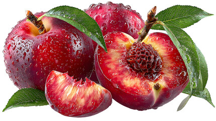 Set of peach fruit with half slice and green leaves, isolated on transparent white background. The peaches are fresh, with detailed textures, and no part of the fruit is cut off.