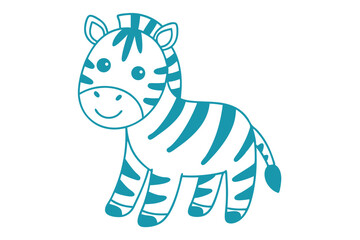 Teal cartoon zebra with stripes stands cheerfully facing forward, set against a white backdrop