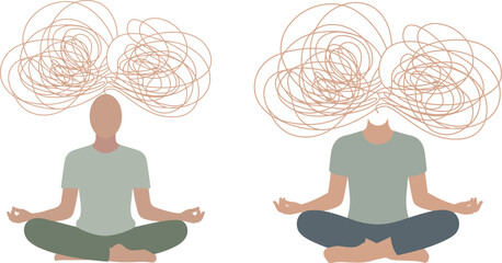 Mental Health Concept Line Art Vector Illustrations &ndash; Stress, Anxiety & Burnout Set