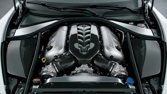 Overhead shot of a pristine V12 engine assembly in a car's engine bay, featuring carbon fiber and polished aluminum.