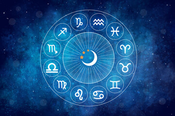 Fototapeta premium A Western astrological circle containing the 12 zodiac symbols against a beautiful, colorful star-filled space background. Astrology and horoscope concepts.