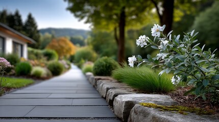 Obraz premium A pathway bordered by white flowers and green shrubs leads into a lush garden under afternoon light