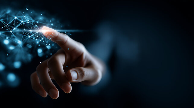 Integration data system technology concept with defocused hand pressing virtual button digital interface activation technological control system connectivity interaction with