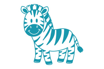 Fototapeta premium A cute stylized teal zebra smiles cheerfully, standing on a bright white background