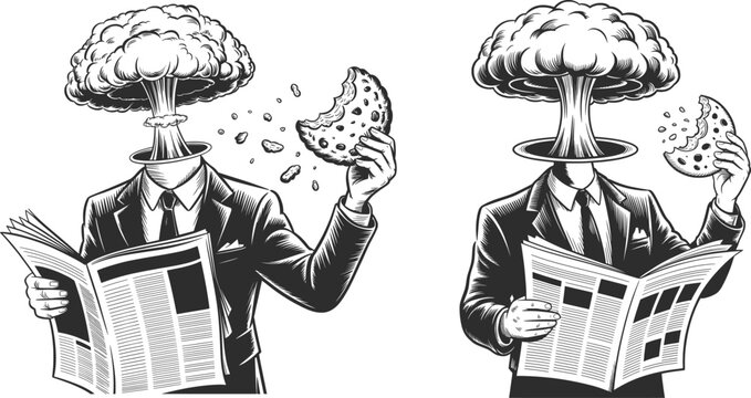 Surreal Nuclear Satire Illustration Businessman with Mushroom Cloud Head