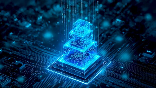 Glowing digital data blocks stacked above illuminated circuit platform, blue computing energy core, advanced processing depth and technology focus