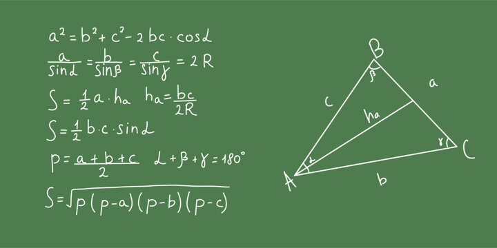 Hand drawn trigonometry and triangle formulas on chalkboard with geometric diagram. Math equations for school education