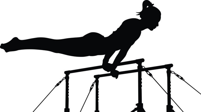 Silhouette of male gymnast performing strength maneuver on parallel bars, showcasing athletic balance, precision, and control in competitive artistic gymnastics training or event.